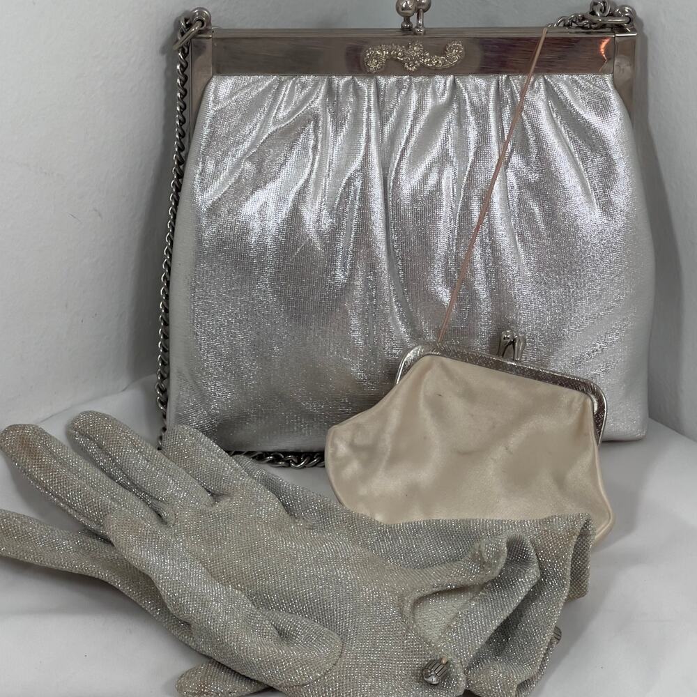 Vintage USA Silver Metallic Fabric Satin Lining Handbag w/ Coin Purse Gloves